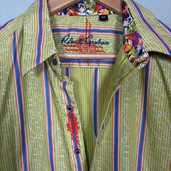 Robert Graham Striped Floral Embroidered Button-Up Shirt-Green/Blue-Men Large - Picture 6 of 9